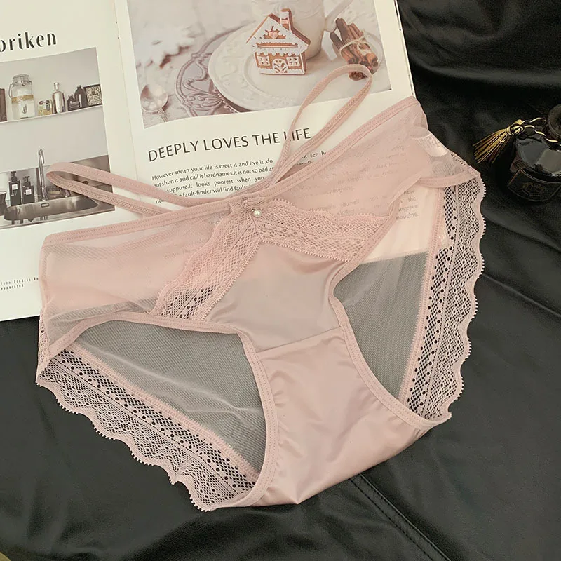 

Lace mesh high-end satin underwear for women with cross breathable cotton crotch and low waisted girl underwear