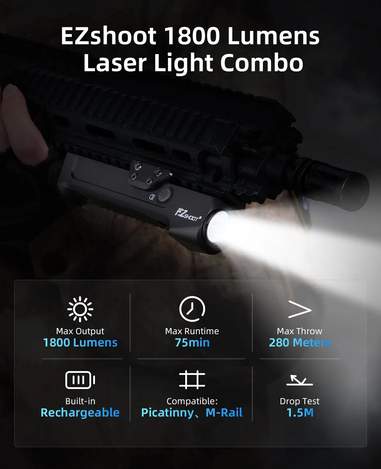 Tactical Flashlight 1800 Lumens Rifle Light Compatible with Picatinny and M-Rail with Magnetic Rechargeable Strobe Mode laser bore sight