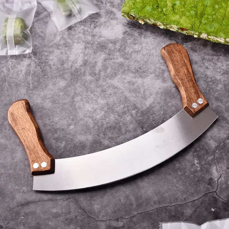 Stainless Steel Vegetable Nougat Knife Home Herb Pizza Cutter with Double Wooden Handle Kitchen Cutting Chopping Baking Tools food processor accessories