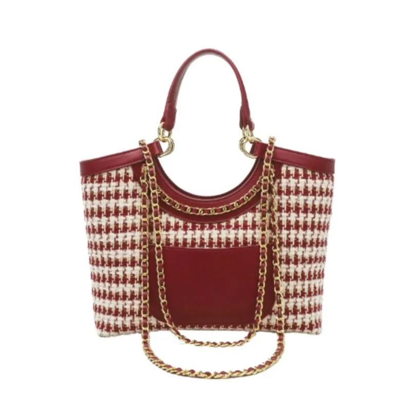Red Chain Houndstooth Tote Bag Women Chain Patchwork Large Capacity Shoulder Bag Ladies High End Luxury Design Crossbody Bag New