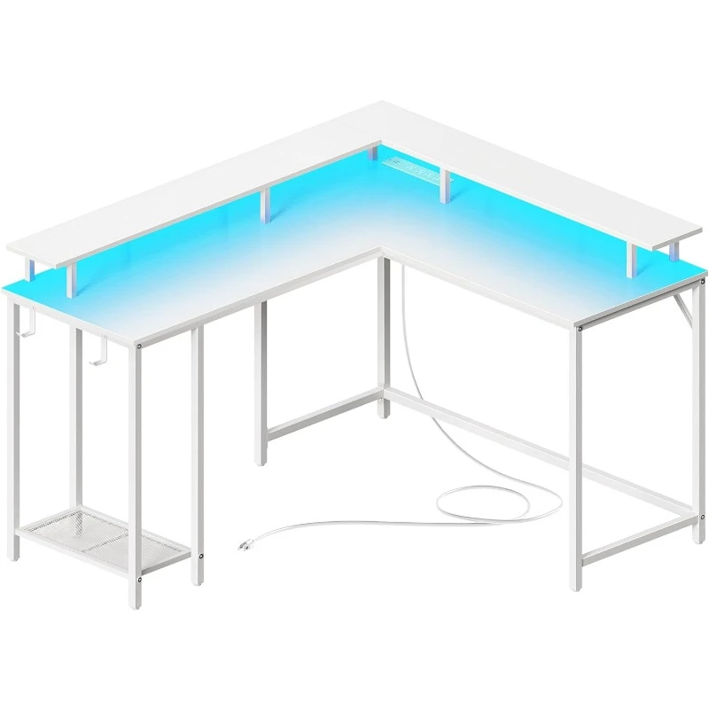 

Desk L Shaped Gaming Desk with LED Lights & Power Outlets,Computer Desk with Monitor Stand,Corner with Headphone Hooks