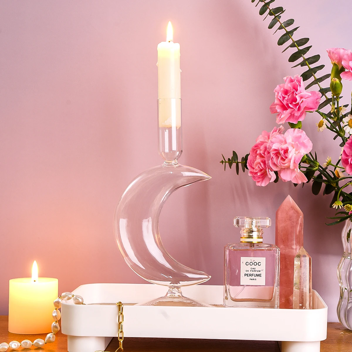 1PC, simple crescent-shaped transparent candlestick, suitable for festival candlesticks, restaurant and hotel decoration
