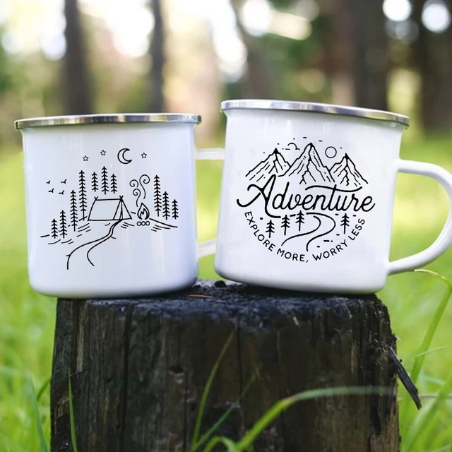 Mountain Camping Adventure Print smalto creativo caffè acqua tazze da latte  tazze da campeggio manico bicchieri vacanze escursionismo tazza regali -  AliExpress