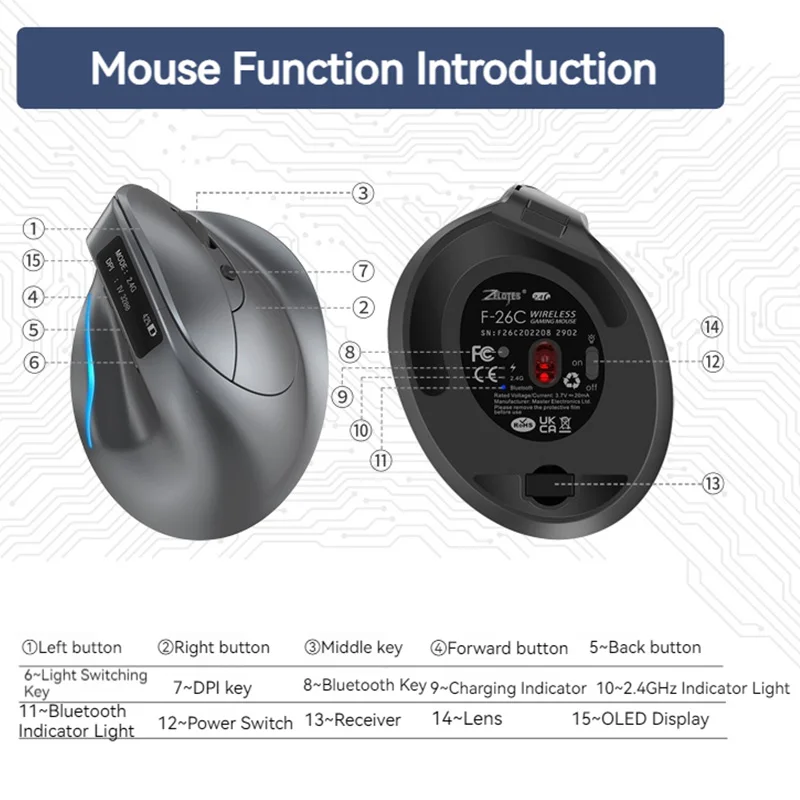 ZELOTES F-26C 컴퓨터 노트북 오피스 마우스 3200DPI 2.4G 무선 블루투스 마우스 8버튼 충전식 수직 게이밍 마우스