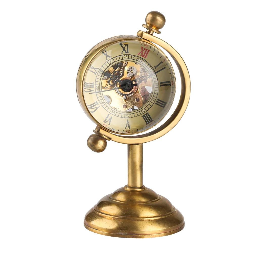 Vintage Copper Spinning Globe Gold Desk Mechanical Pocket Watch Hand Winding Movement Home/Office Luxury Decoration Collectibles