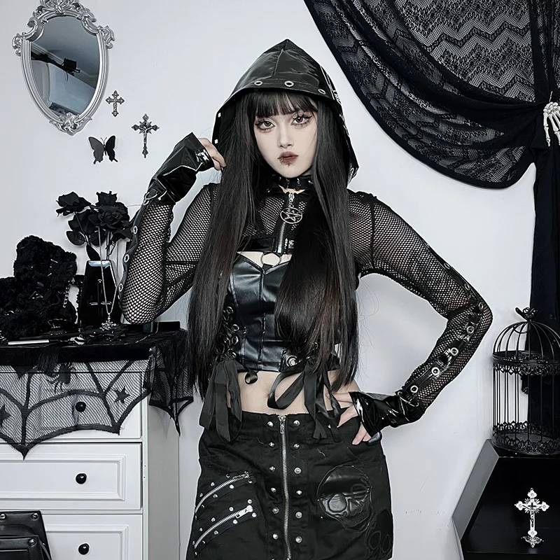 Gothic Y2K Black PU Leather Zip Up Hoodies Grunge Pentagram Printed Mesh Hollow Out Sweatshirts Tops Women Fashion Streetwear