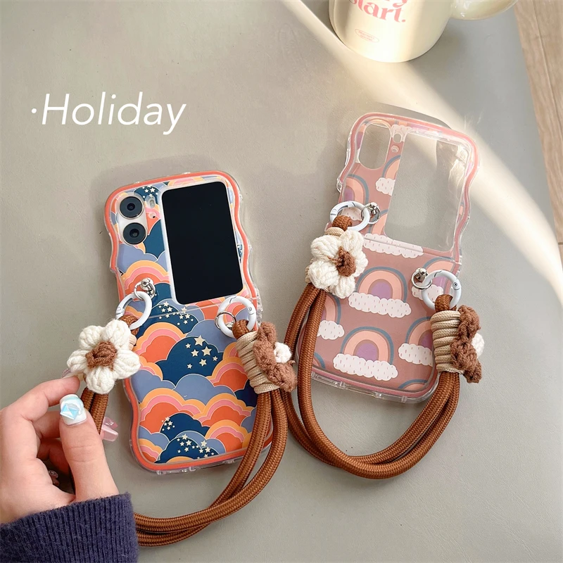 Arcobaleno Starry Clouds Peluche Diasy Flower Hand Straps Rope Soft Gel Custodia Antiurto Per Oppo Find N3 / N2 Flip Back Cover