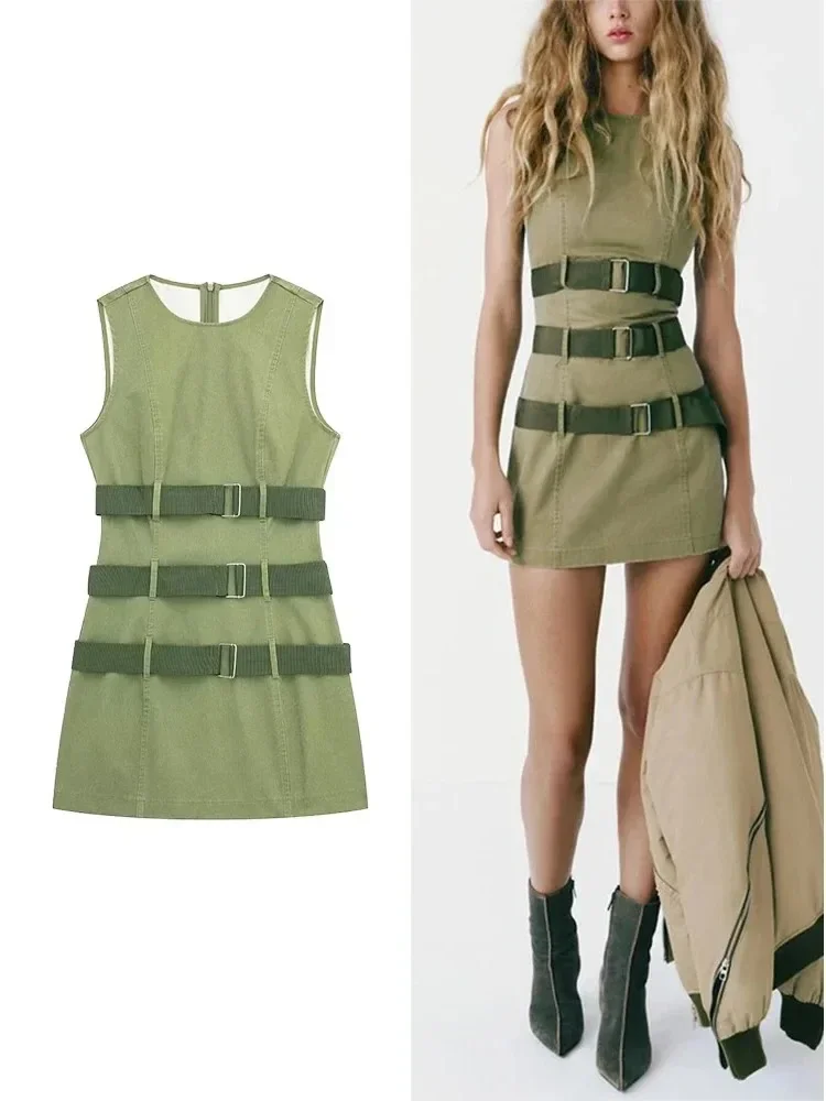 

2024 Women's Fashion Work Green Vest Wide Belt Dress French Sexy Sleeveless Dresses Sweetheart Dating High Street Party