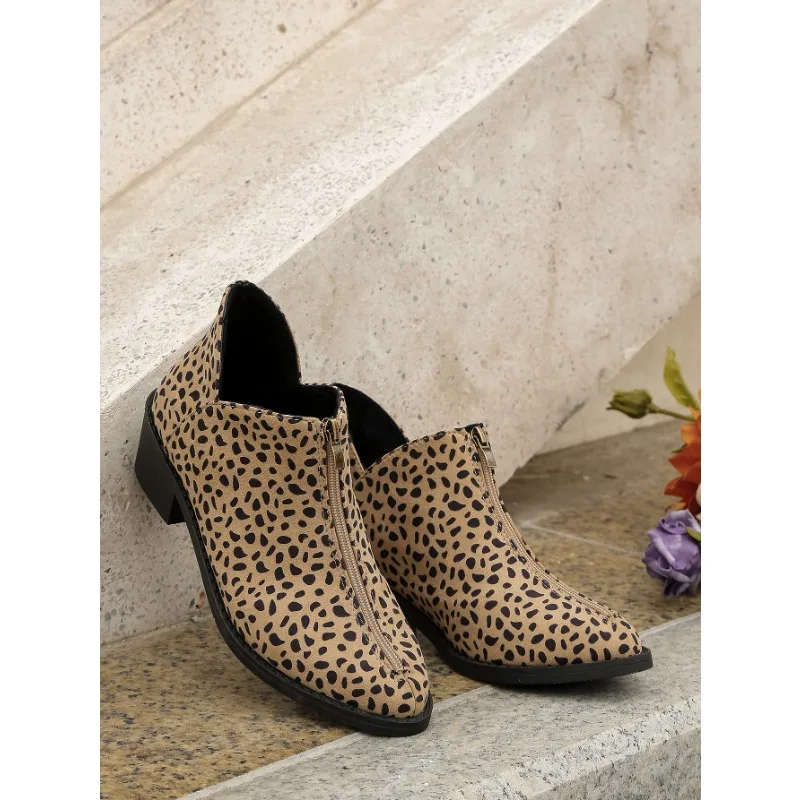 Autumn/Winter New Trade Women's Single Boot Large Leopard Print Front Zipper Square Heel Short Boots for Women Plus Size 42