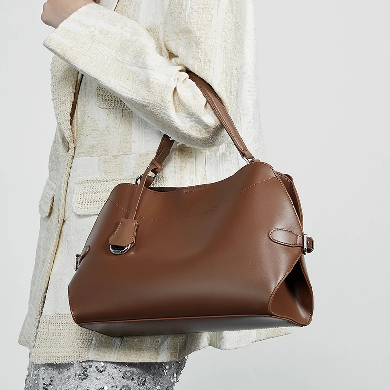 BURMINSA Genuine Leather Shoulder Bag For Women Cowhide Elegant Office Work Top Handle Handbags Classic Everyday Commuting Purse 2