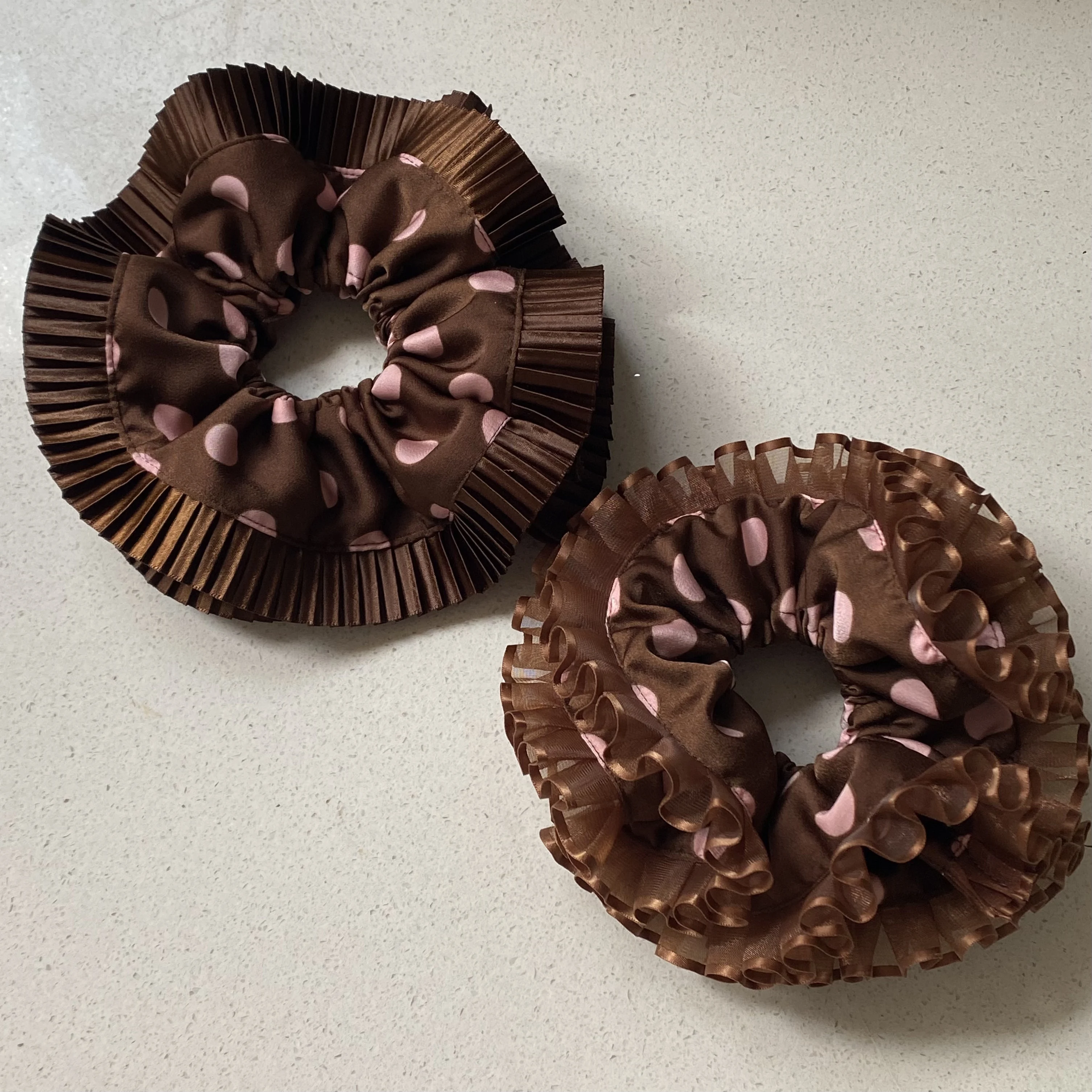 1PC  Brown Polka Dot Hair Scrunchie With Pleated Ruffle Edge, Large Satin Hair Tie For Women, Retro & Elegant Hair Accessory