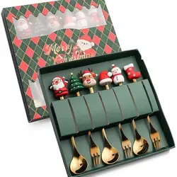 Festive Stainless Steel Spoon and Fork Gift Set - Creative Tableware for Coffee, Tea, and Dessert (6pcs spoon fork A)