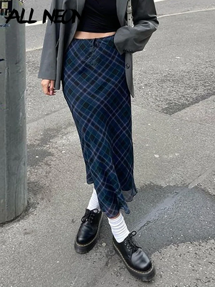 

ALLNeon Indie Aesthetics Retro Argyle Plaid Print Mesh Long Skirts Y2K Vintage 90s Low Waist Double Layer Straight Maxi Skirt