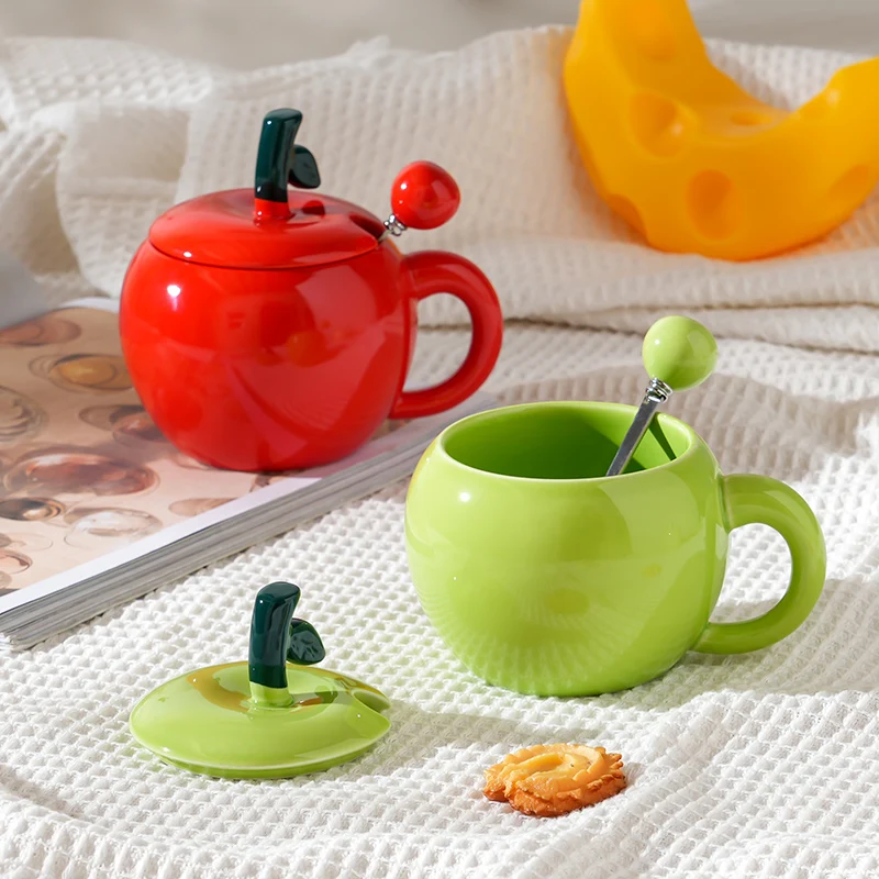 Chinese Style Ceramic Cute Mug, Home Personal Office Creative Covered Spoon, Fruit Apple Shape Milk Water Coffee Cup, 350ml, 1Pc