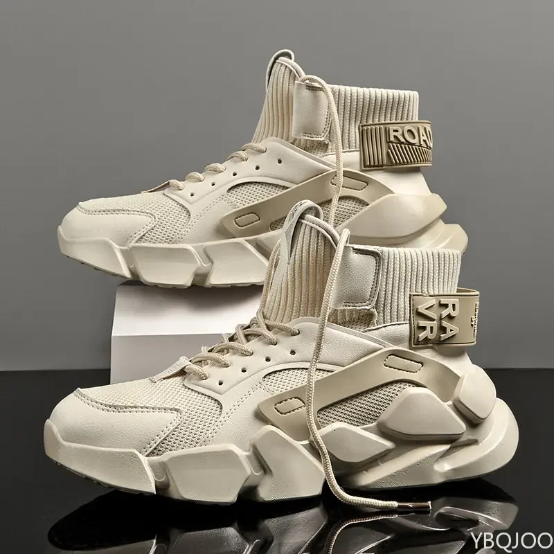 

New High-top Beige Men's Sneakers Chunky Men Shoes Heighten Fashion Casual Plus Size Zapatillas Damping Tennis Shoes 2023