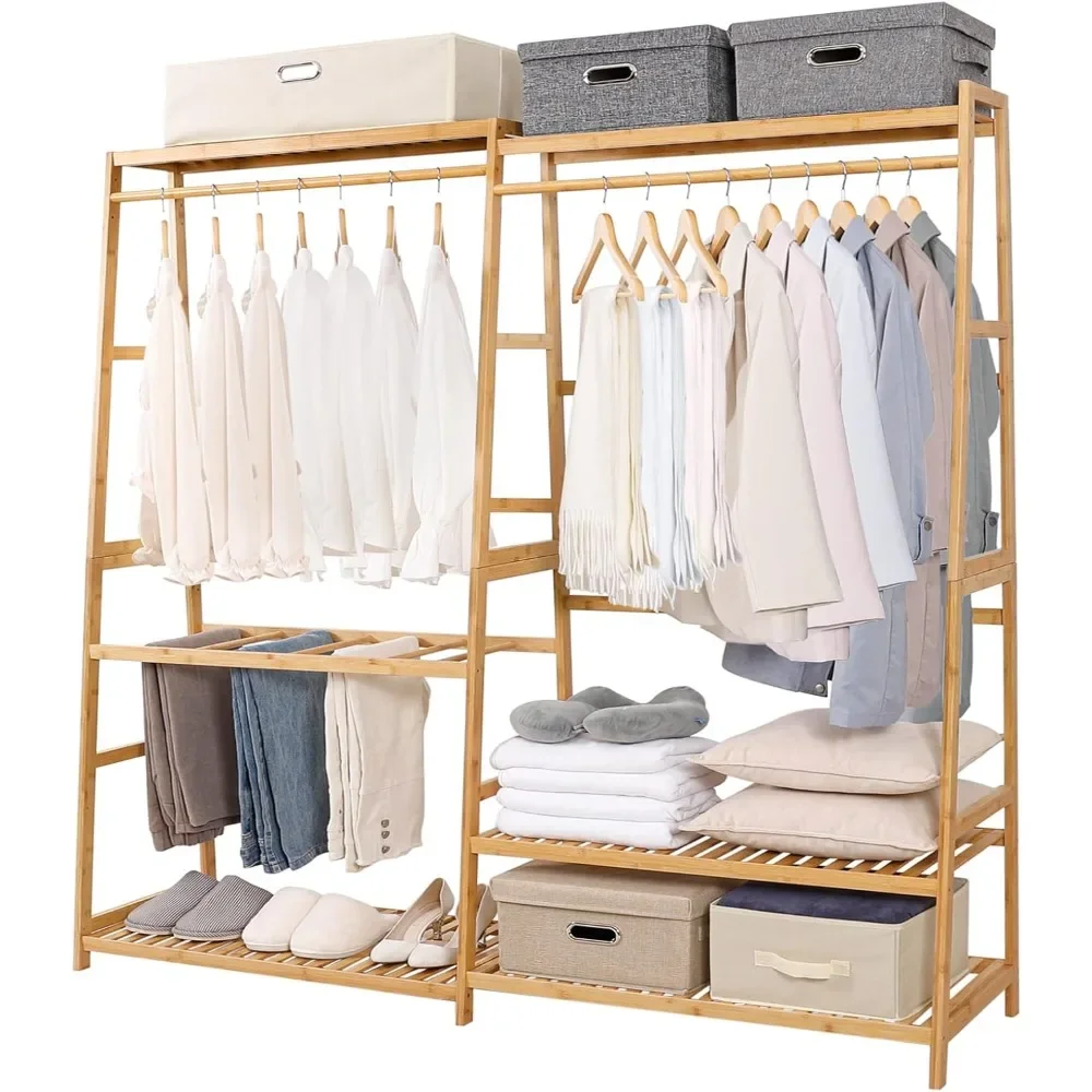 

Hanger Freestanding Clothing Rack Closet With 6 Shelves Bamboo Clothes Rack Heavy Duty Garment Racks for Hanging Clothes Bedroom