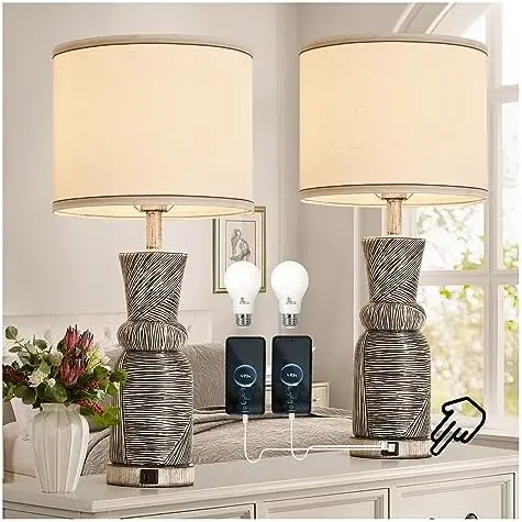 

of 2 Table Lamps with USB-C&USB Ports,26.5" Farmhouse with Touch Control,3-Way Dimmable Bedside Lamp with Fabric Shade Paper l