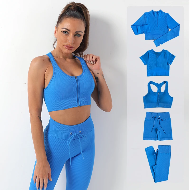 

2/5PCS Seamless Women Yoga Set Workout Gym Wear Sports Bra Set High Waist Leggings Short Sleeve Top Running Sportswear
