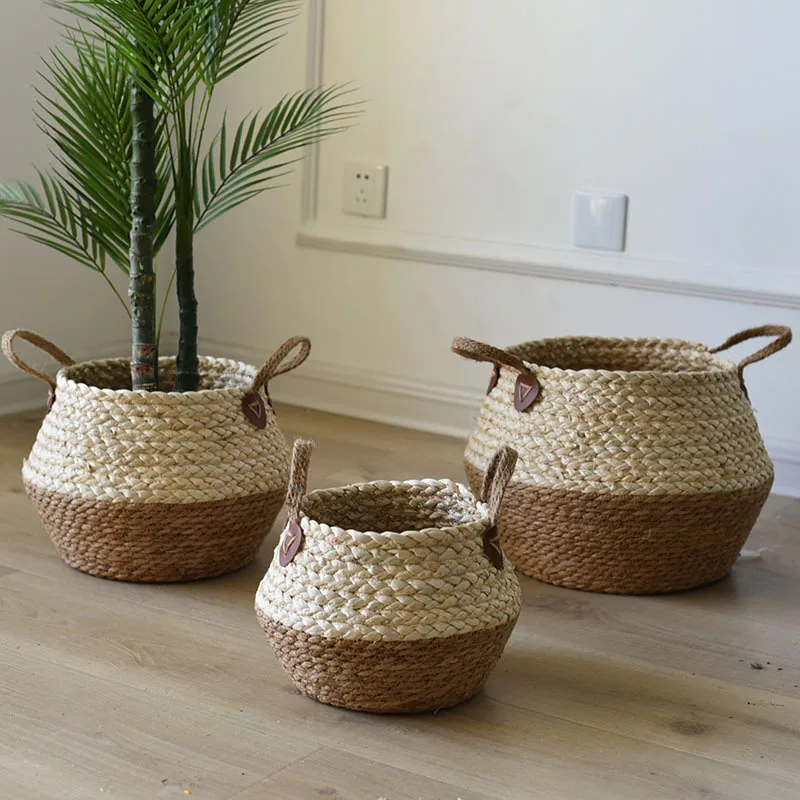 

Straw Woven Corn Rope Multifunctional Dirty Clothes Basket Landing Miscellaneous Storage Stackable Japanese Style Flower Pot