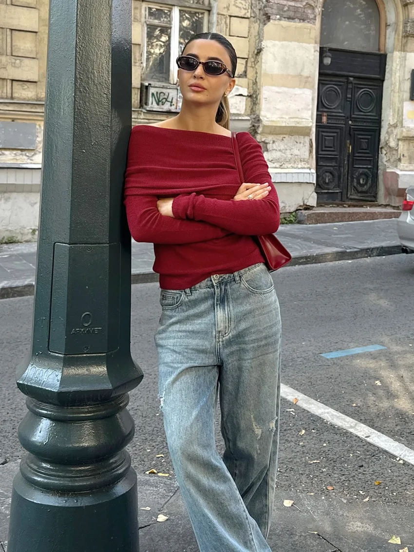 Knit Sweater Pullover Top For Women Fashion Off-Shoulder Slim Casual High Waist Cropped T-shirt Female Knitwear Pullover