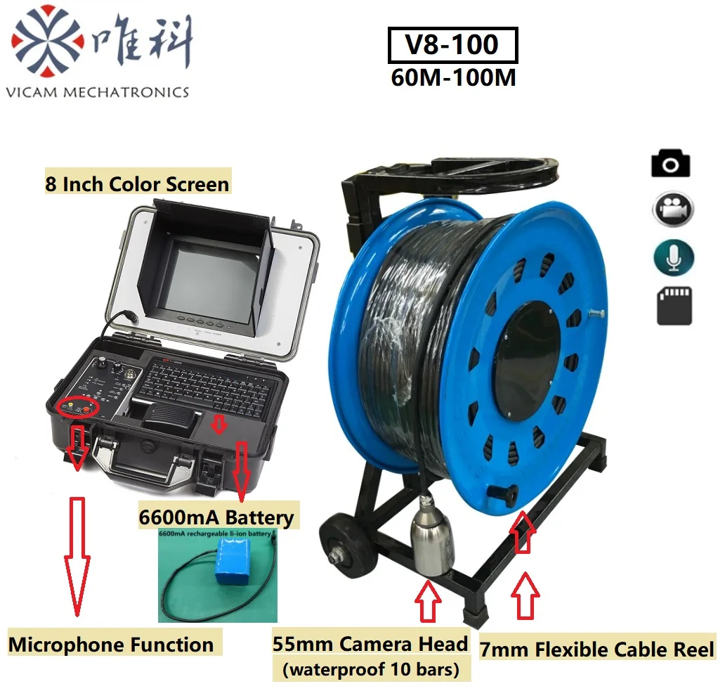 Vicam 60M 200M Borewell Inspection Camera 55mm Borehole Cameras 8 Inch DVR Control Case