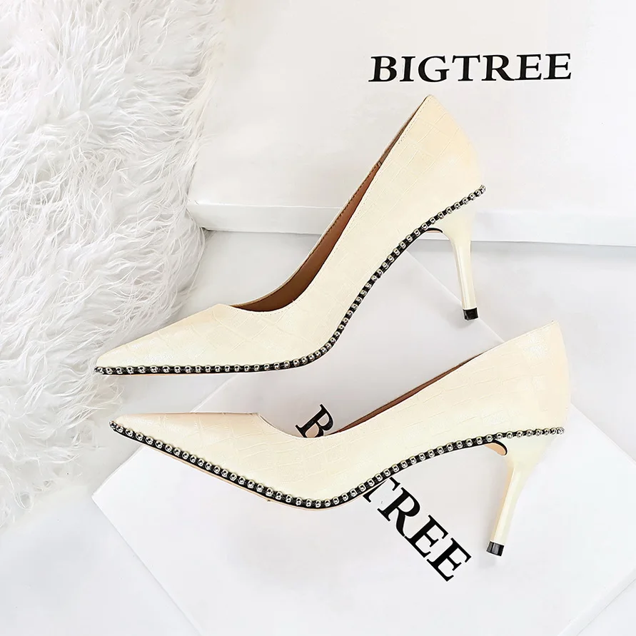 BIGTREE Shoes White Women Pumps PU Leather Shoes High Heels Stiletto Luxury Party Shoes Metal Chain Rivets Heels Pumps Shoes