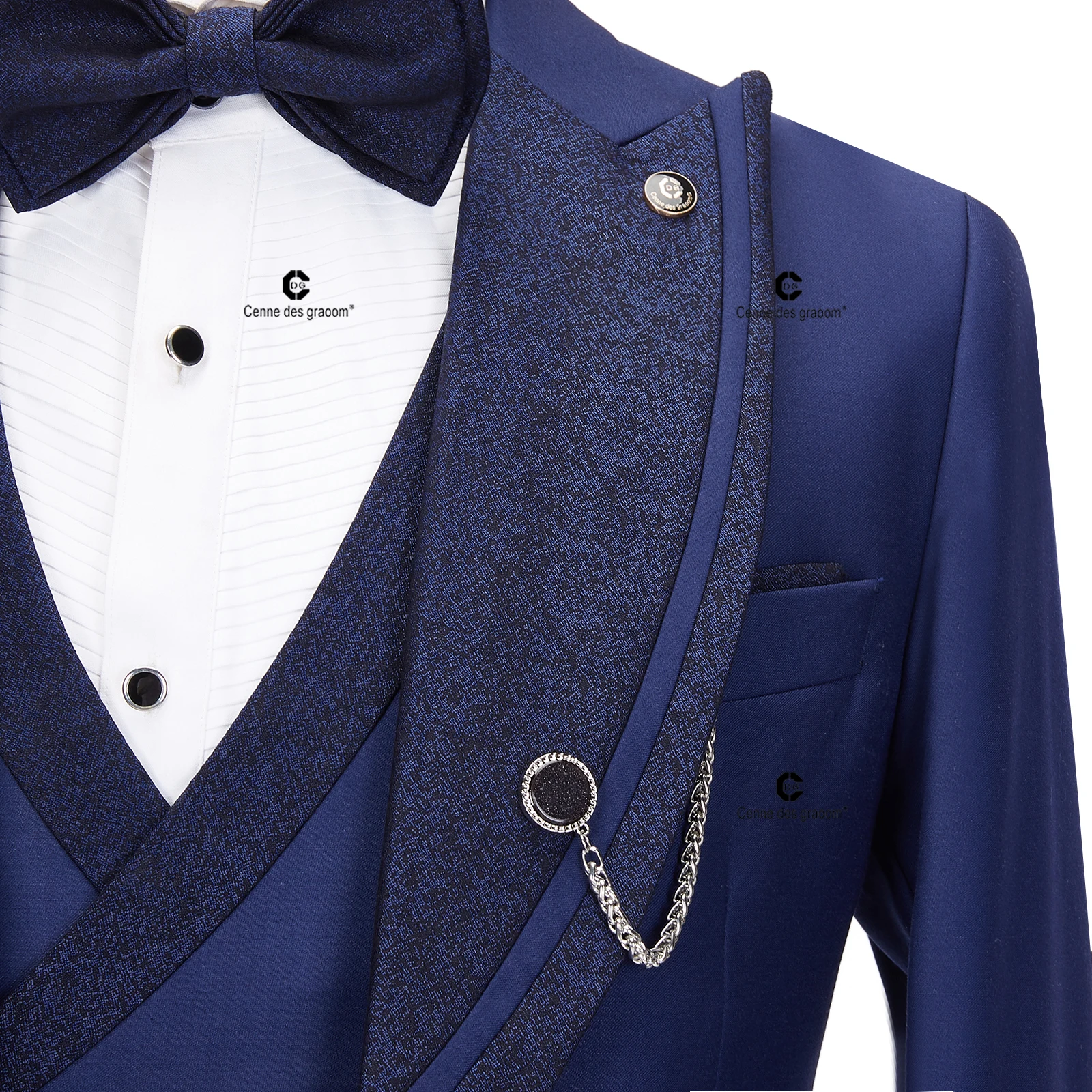 2023 Luxury Men Suits Blue Tuxedo Blazer Vest Pants with Bowtie 4pcs Set Wedding Evening Dress Prom Party Event