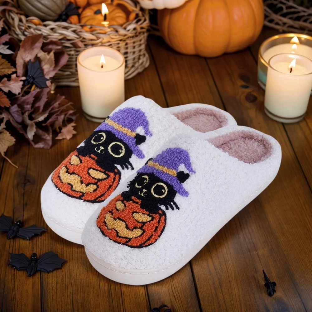 Herbst Winter Halloween Hausschuhe Frauen Schwarze Katze Kürbis Niedlichen Geist Plüsch Hausschuhe Flauschigen Bequeme Warme Indoor Hause Hausschuhe – Detail 6