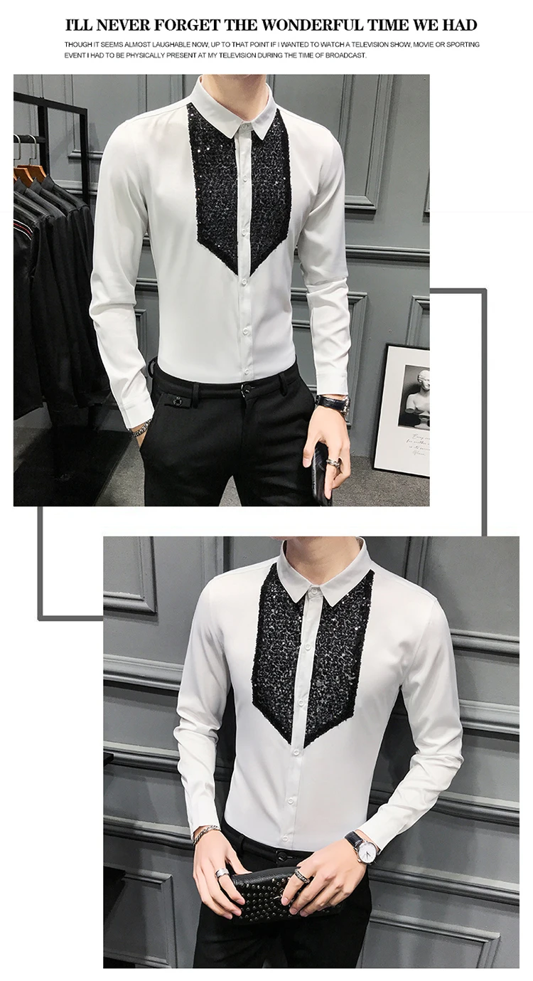 Description Picture 5 of itemMen Long Sleeve Sequins Tuxedo Shirts Camisa Masculina Black White Casual Slim Fit  Dress Shirts Streetwear Men Social Tops