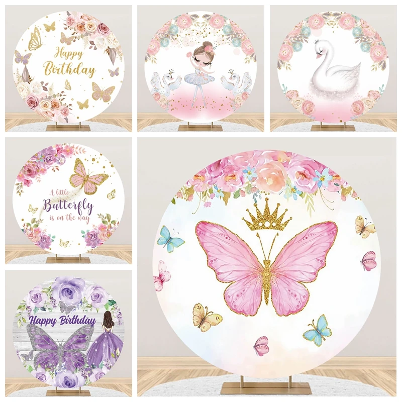 

Butterfly Princess Birthday Round Backdrops For Photography Baby Girl's Photo Photographic Circle Background Photocall Studio