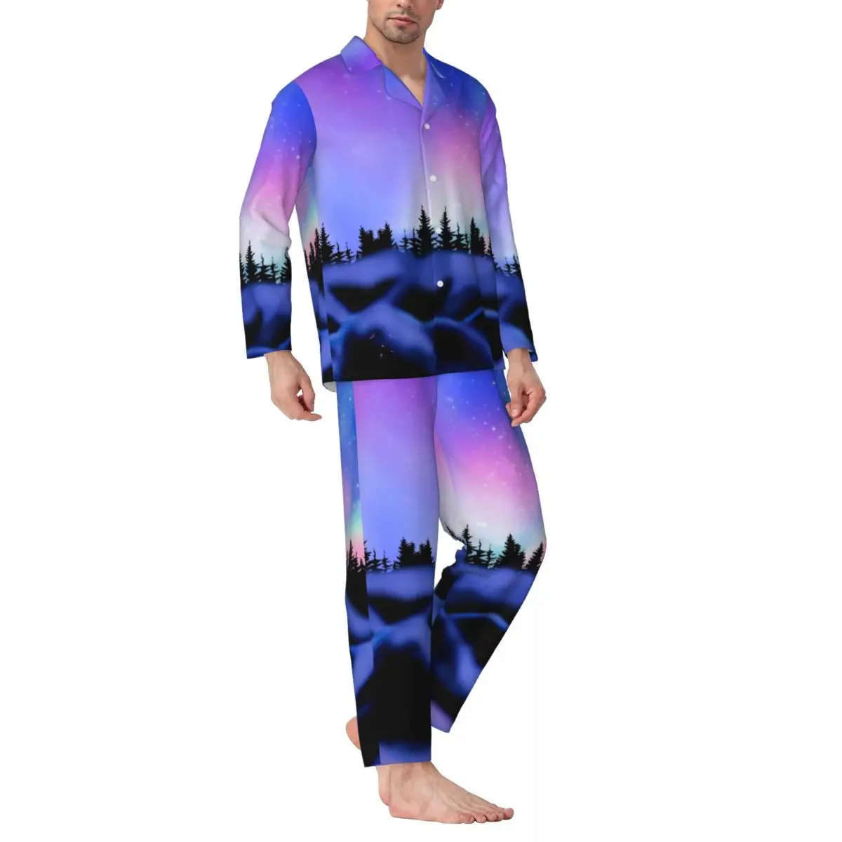 

Mountains Galaxy Sleepwear Autumn Northern Dreamy Lights Casual Oversized Pajamas Set Male Long Sleeve Kawaii Home Home Suit