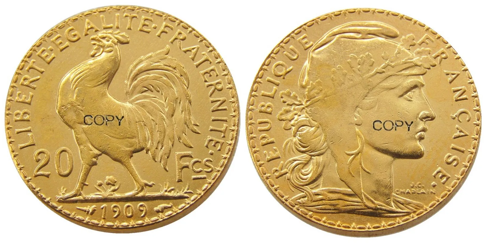 1909 France 20 Franc Rooster Gold Plated Copy Coin - Non-currency Coins