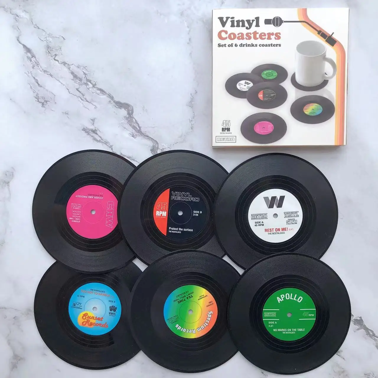 Vintage Mug Coaster Set, 6/12PCS, Colorful Retro Vinyl Record, for Drinks