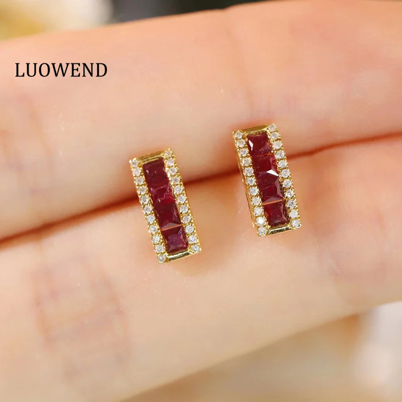 

LUOWEND 18K Yellow Gold Earrings Fashion Shiny INS Style Real Diamond Natural Ruby Earrings for Women High Wedding Jewelry