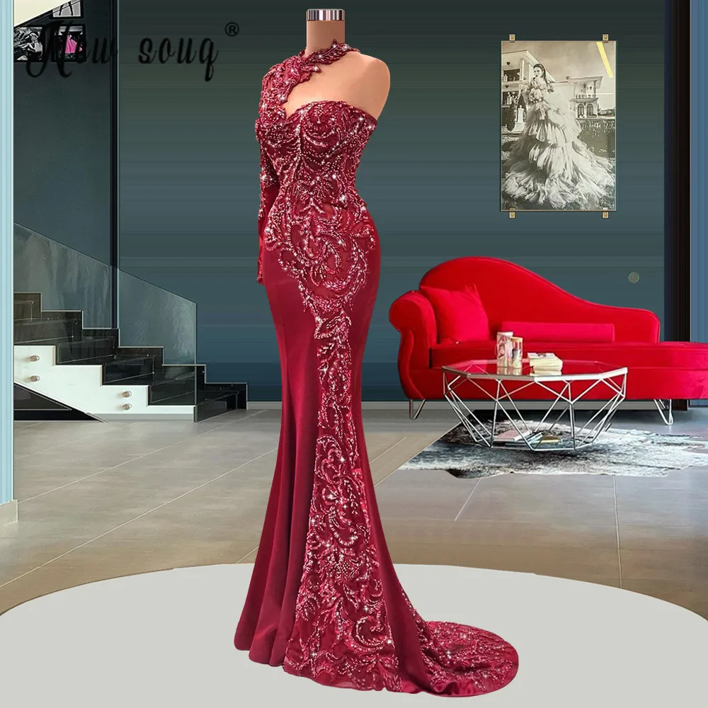 

Luxury Dubai Red Mermaid Lace Evening Dress with Long Sleeves Beading Arabic Plus Size Women Wedding Formal Gowns