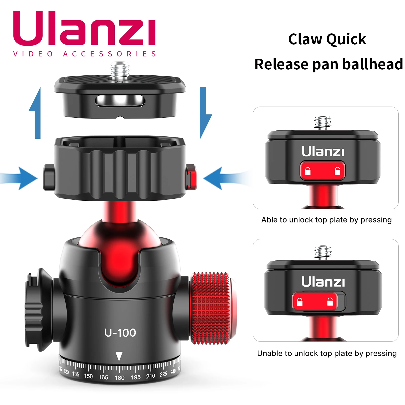 

Ulanzi U-100 Claw PD Quick Release Panoramic Ballhead 1/4'' Base Mount Plate and Cold Shoe Ballhead 2 in 1 Design For DSLR