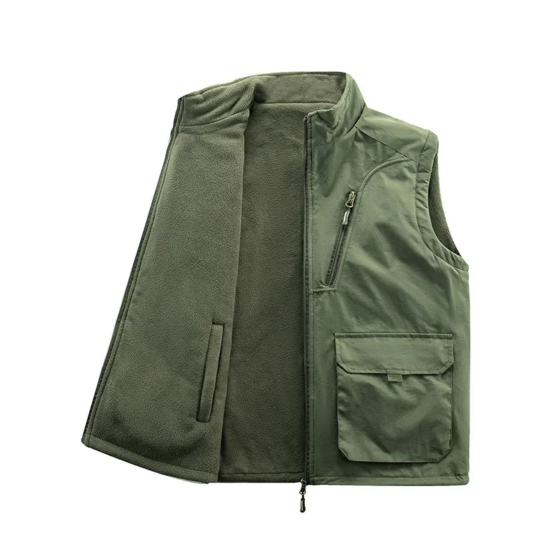 Autumn/Winter Men's Plus Size Fleece-Lined Vest Casual Shoulder Crossbody Two-In-One Jacket Multiple Pockets Rider Vest