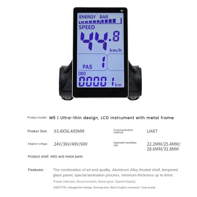 Electric Bike LCD Display M5 Electric Bike LCD Display Meter 24V 36V 48V 60V E Scooter LCD Panel Screen for Mountain Electric Bike(5PIN)