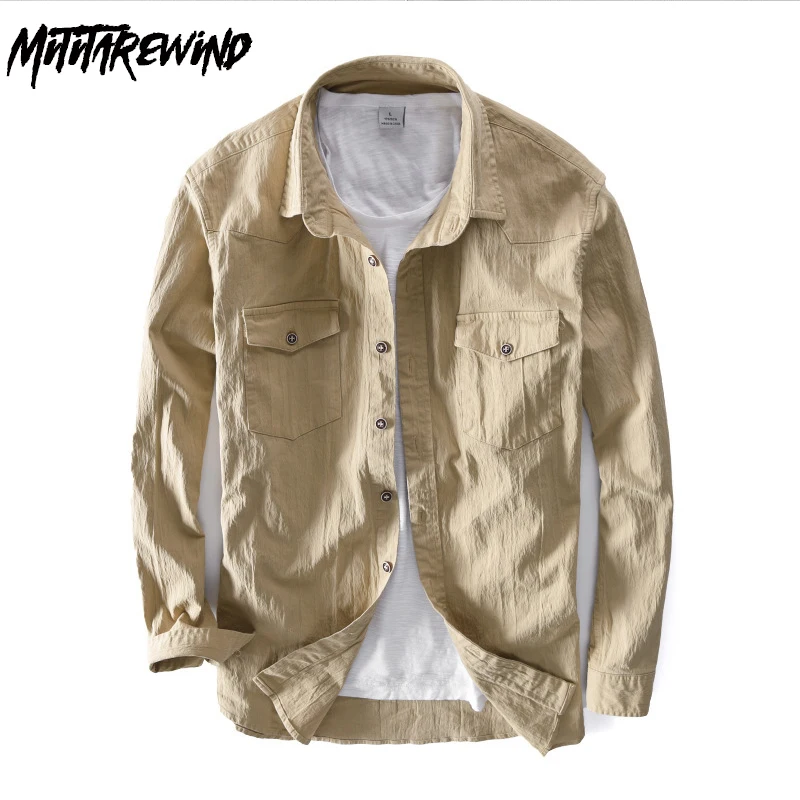 

Spring Fall Long Sleeve Shirt Men Japanese Street Causal Fashion Shirts Pocket Square Collar Pleats Design Shirt Youth khaki Top