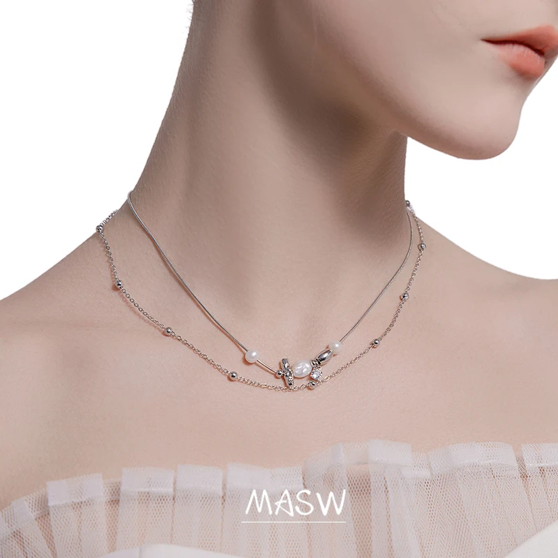 MASW Original Design Irregular Pendant Necklace 2023 Trend High Quality Glass Pearl Two Layer Short Chain Necklace For Women