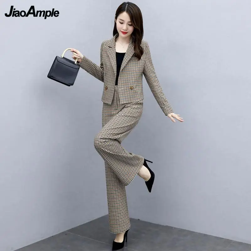 2024 Spring Autumn New Plaid Coat Top Pants Two-piece Women's Elegant Jacket Trousers Suit Korean Fashion Blouse Clothing Set blouses thanksgiving thankful grateful and blessed leopard plaid pumpkin blouse in multicolor size 2xl 3xl l m s xl