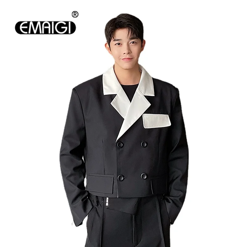 

Korean Fashion Black White Splice Double Breasted Short Suit Jacket Blazer for Men and Women Spring Autumn Couple Blazers Coat