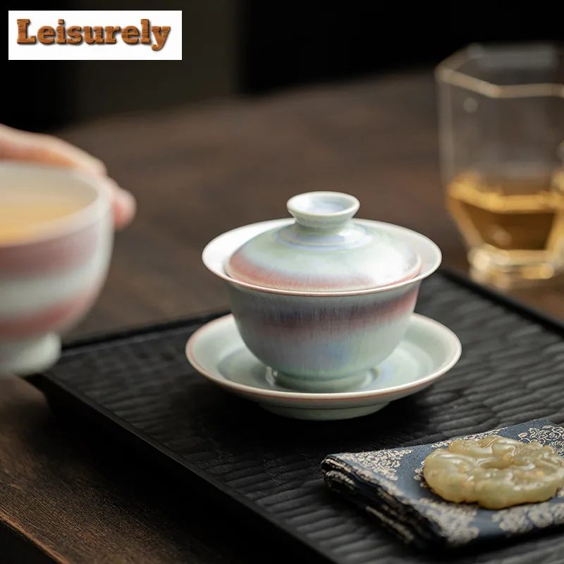 150ML Aurora Kiln Change Gaiwan Boutique Red Blue Glaze Sancai Tea Tureen Tea Maker Cover Bowl Chinese Tea Set Collection Craft