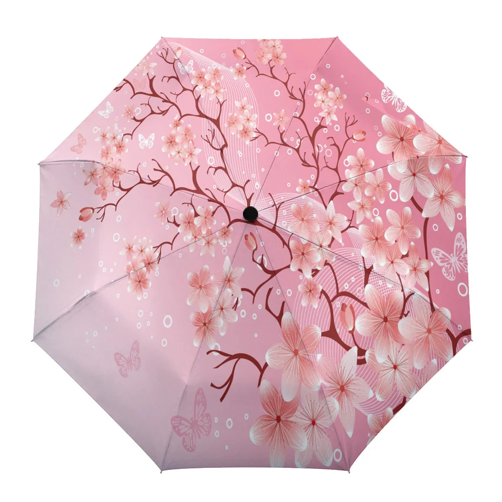 

Pink Cherry Blossom Flowers Butterfly Creative Umbrella Rain Women Automatic Three Folding Umbrellas Windproof Parasol