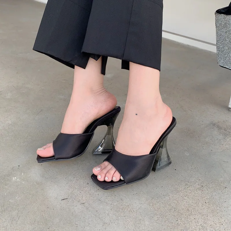 2022 Summer Luxury Women PVC Transparent Heels Slippers 8cm Crystal High Heels Slides Green Orange Peep Toe Slip on Slides Shoes