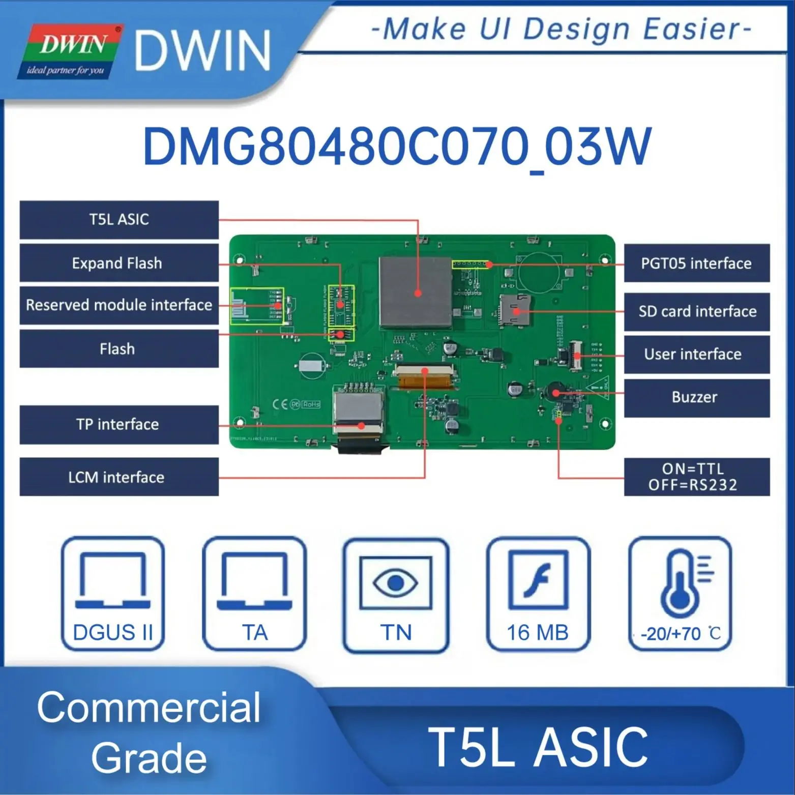 Dwin 7.0-inch UART TFT Touch Module HMI Display 800*480 Commercial Grade 262K Colors RGB Interface TV-TN-TFT-LCD Smart Screen
