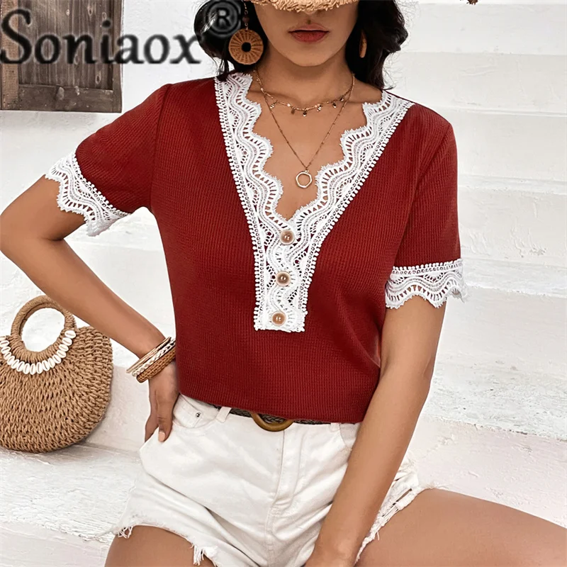 

Elegant Lace Button Splicing Deep V Neck Pullover Shirt Female New Waffle Fabric Tops Women's Comfortable Commuter Casual Blouse