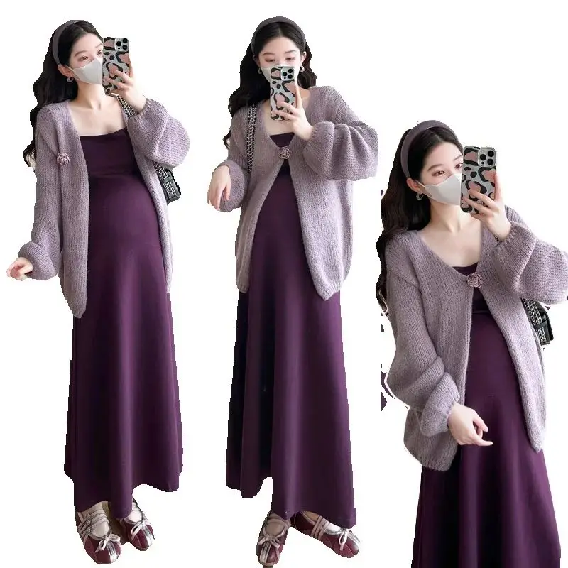 Spring Pregnant Woman Two-piece Set Irregular Knitted Jacket+Knitted Strap Dress Sweet Maternity Princess Party Dress Suits