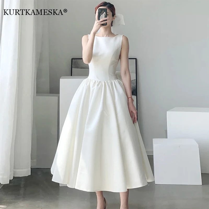 White Satin Wedding Dress Elegant Prom Evening Midi Dresses For Women