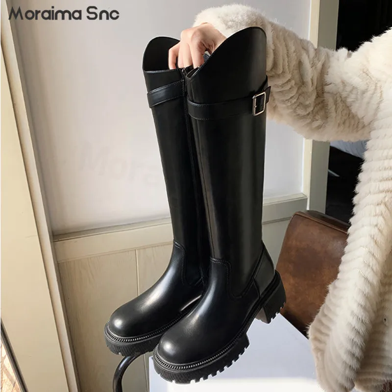 Belt Buckle Oblique Platform Long Boots Round Toe Thick Heel Knee-High Knight Boots Multi-Color Fashionable Casual Women's Boots
